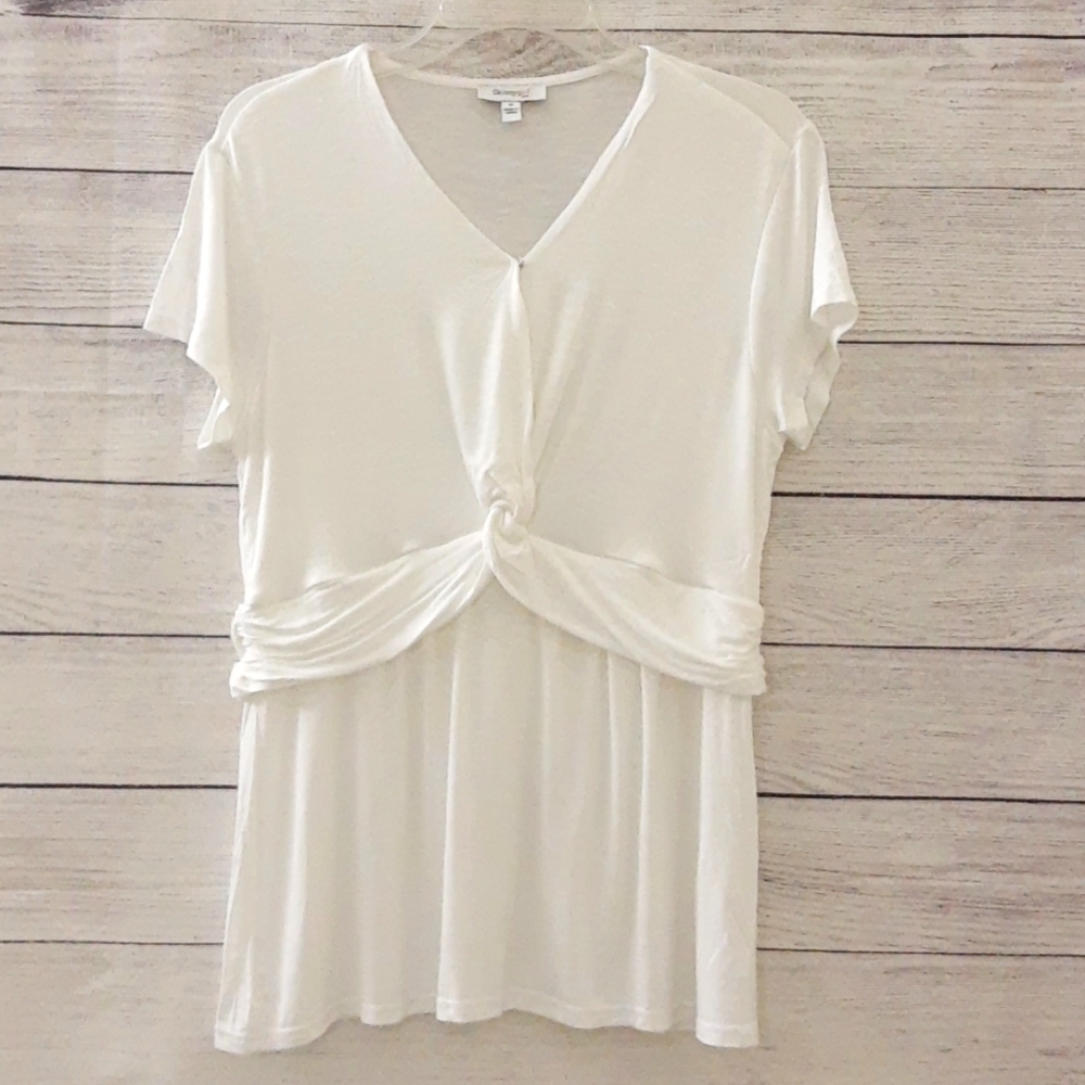 Skinnygirl Carrie Twist-Front Peplum Top Slub Knit Coastal Flowy, Ivory, Size M - Picture 2 of 16